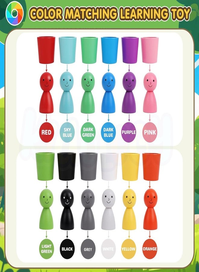 Kidology Color Sorting Cups Toy for Toddlers | 12 Wooden Matching Dolls with Cups | Montessori Stacking & Color Recognition Game | Educational Preschool Learning Toy for Kids 3+ Years - Image 3